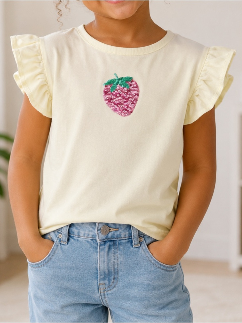 H&M Pale Yellow Tee with Pink Sequin Strawberry